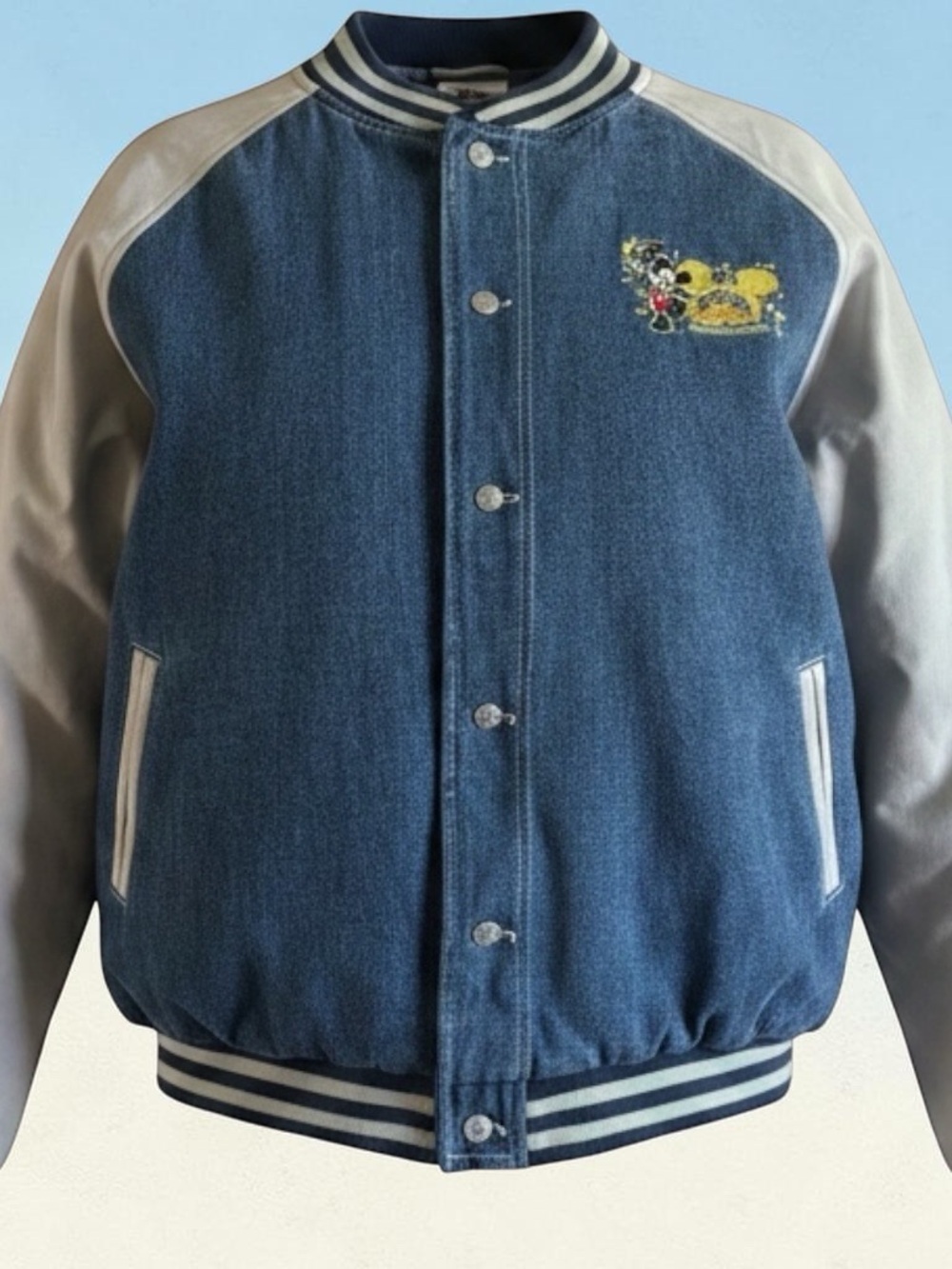 Disney Blue Denim and White Sleeve Varsity Jacket